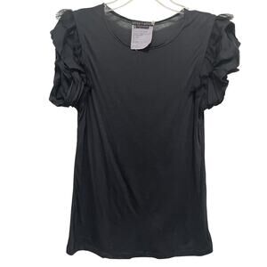 Alice + Olivia Black Short Ruffle Puff Sleeve Round Neck Blouse Size Medium